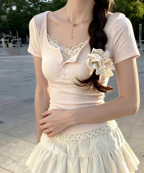 HALEY PESCA（ヘーリーペスカ）の「HALEY PESCA/レイヤード風ヘンリーネック　小花柄リブカットソー（Tシャツ/カットソー・レディース・ブルー/ピンク/ネイビー/アイボリー・SMALL/MEDIUM）」の14枚目の写真