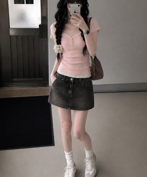 HALEY PESCA（ヘーリーペスカ）の「HALEY PESCA/レイヤード風ヘンリーネック　小花柄リブカットソー（Tシャツ/カットソー・レディース・ブルー/ピンク/ネイビー/アイボリー・SMALL/MEDIUM）」の11枚目の写真