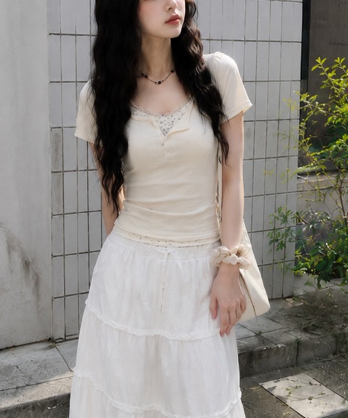HALEY PESCA（ヘーリーペスカ）の「HALEY PESCA/レイヤード風ヘンリーネック　小花柄リブカットソー（Tシャツ/カットソー・レディース・ブルー/ピンク/ネイビー/アイボリー・SMALL/MEDIUM）」の9枚目の写真