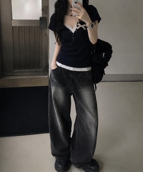 HALEY PESCA（ヘーリーペスカ）の「HALEY PESCA/レイヤード風ヘンリーネック　小花柄リブカットソー（Tシャツ/カットソー・レディース・ブルー/ピンク/ネイビー/アイボリー・SMALL/MEDIUM）」の13枚目の写真