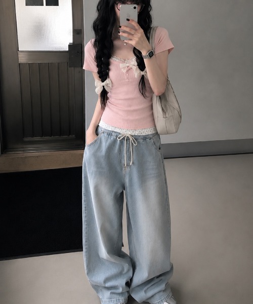 HALEY PESCA（ヘーリーペスカ）の「HALEY PESCA/レイヤード風ヘンリーネック　小花柄リブカットソー（Tシャツ/カットソー・レディース・ブルー/ピンク/ネイビー/アイボリー・SMALL/MEDIUM）」の12枚目の写真