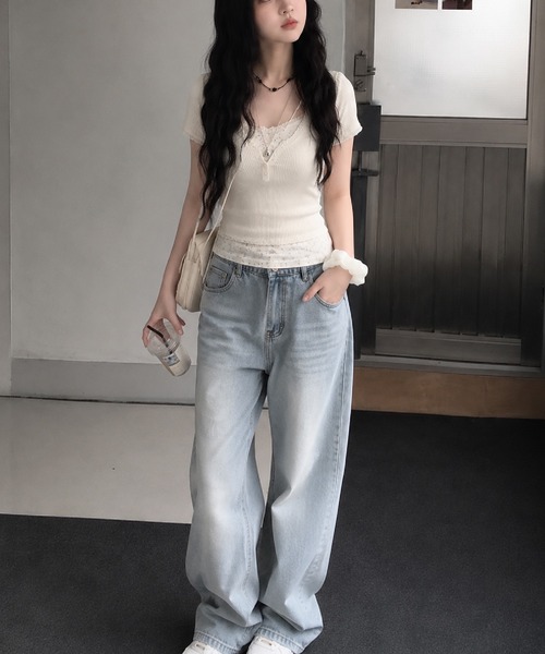 HALEY PESCA（ヘーリーペスカ）の「HALEY PESCA/レイヤード風ヘンリーネック　小花柄リブカットソー（Tシャツ/カットソー・レディース・ブルー/ピンク/ネイビー/アイボリー・SMALL/MEDIUM）」の15枚目の写真