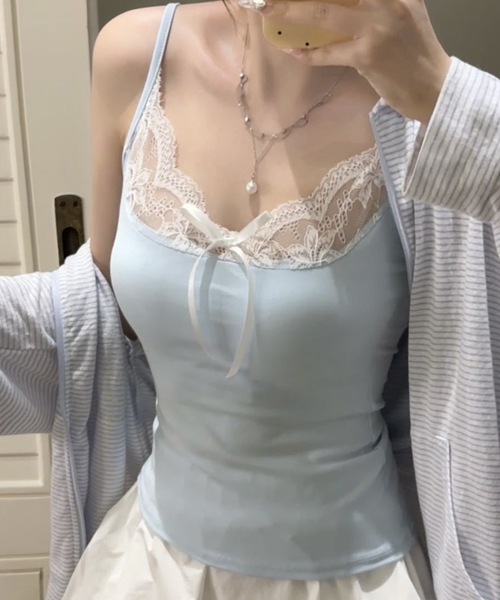 Lace Ladies（レースレディース）の「レース リボン キャミ ブラトップ カップ付き キャミソール（キャミソール・レディース・ブルー/ブラック/ピンク/グレー/ホワイト/アイボリー・FREE）」の5枚目の写真