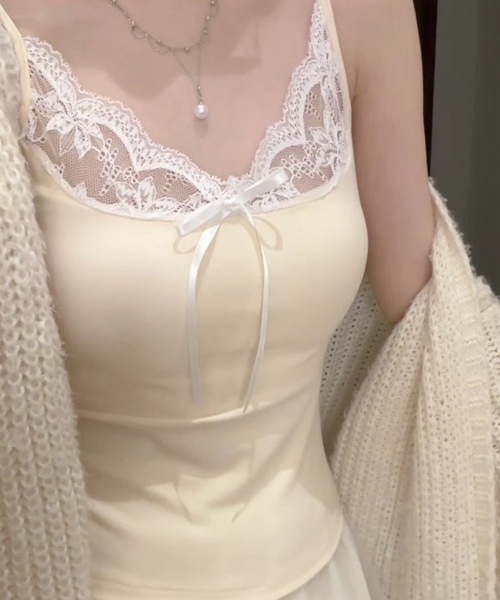 Lace Ladies（レースレディース）の「レース リボン キャミ ブラトップ カップ付き キャミソール（キャミソール・レディース・ブルー/ブラック/ピンク/グレー/ホワイト/アイボリー・FREE）」の3枚目の写真
