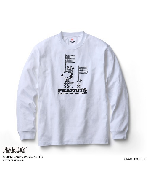 HANES(ヘインズ)の「Hanes/ヘインズ PEANUTS×BEEFY-T クルーネックロングスリーブTシャツ(プリント違い)(Tシャツ/カットソー・メンズ・ホワイト/ブラック・M/XL/L/S)」の1枚目の写真