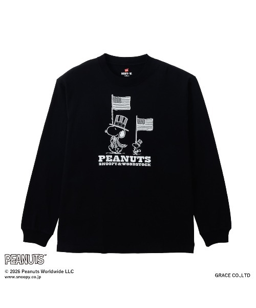 HANES(ヘインズ)の「Hanes/ヘインズ PEANUTS×BEEFY-T クルーネックロングスリーブTシャツ(プリント違い)(Tシャツ/カットソー・メンズ・ホワイト/ブラック・M/XL/L/S)」の2枚目の写真