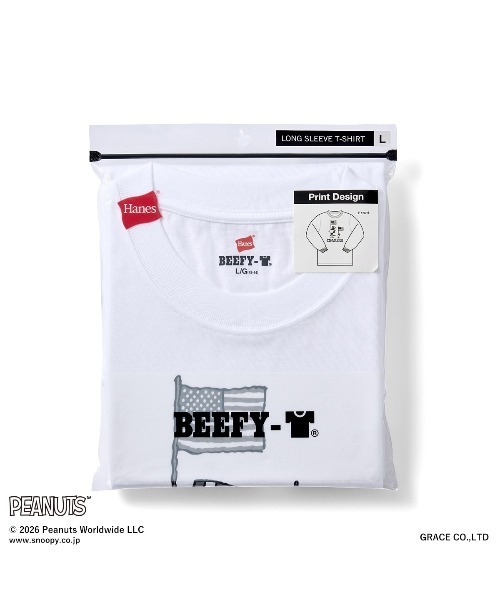 HANES(ヘインズ)の「Hanes/ヘインズ PEANUTS×BEEFY-T クルーネックロングスリーブTシャツ(プリント違い)(Tシャツ/カットソー・メンズ・ホワイト/ブラック・M/XL/L/S)」の4枚目の写真