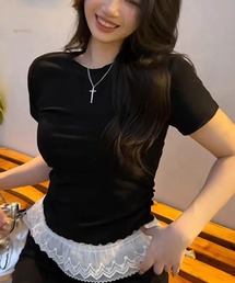 裾レースレイヤード風 フィットTシャツ