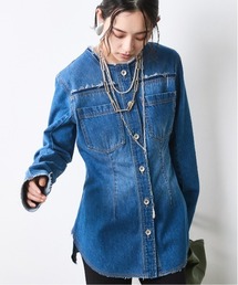 綿100％ノーカラーデニムシャツ＜大きいサイズ有＞シックスタイル