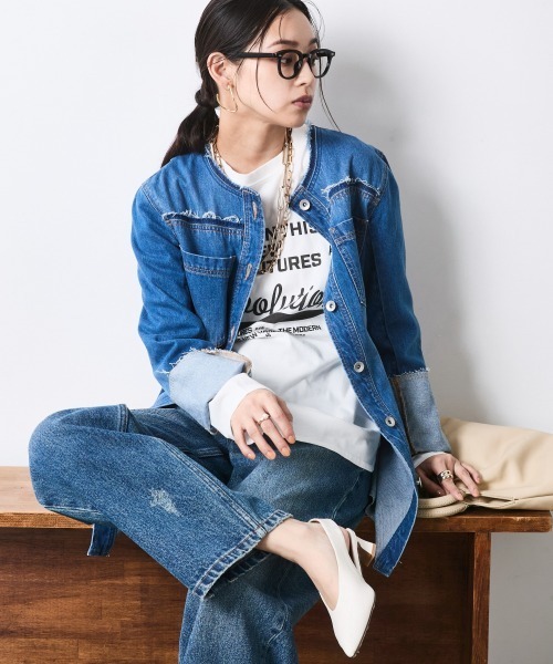 CHIC STYLE(シックスタイル)の「綿100%ノーカラーデニムシャツ<大きいサイズ有>シックスタイル(シャツ/ブラウス・レディース・ブルー系・5L/4L/3L/LL/L/M)」の6枚目の写真