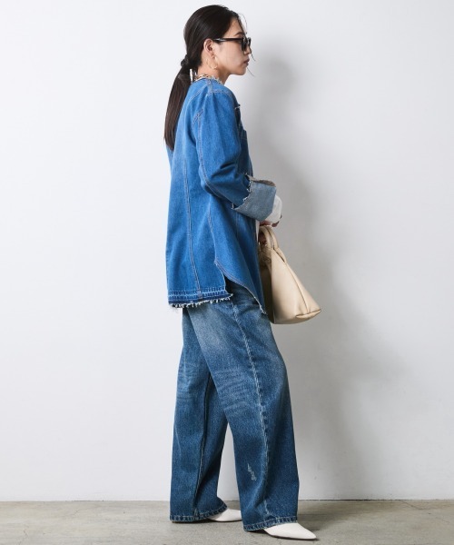 CHIC STYLE(シックスタイル)の「綿100%ノーカラーデニムシャツ<大きいサイズ有>シックスタイル(シャツ/ブラウス・レディース・ブルー系・5L/4L/3L/LL/L/M)」の21枚目の写真