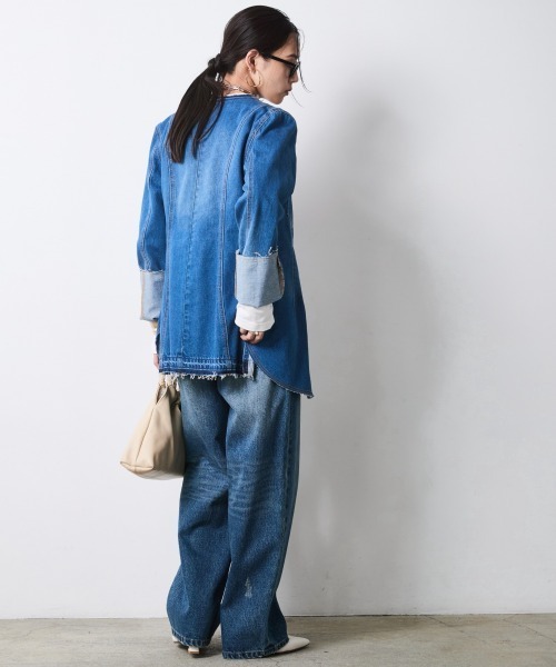 CHIC STYLE(シックスタイル)の「綿100%ノーカラーデニムシャツ<大きいサイズ有>シックスタイル(シャツ/ブラウス・レディース・ブルー系・5L/4L/3L/LL/L/M)」の22枚目の写真
