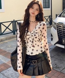 星柄シアー V ネックロングスリーブトップス