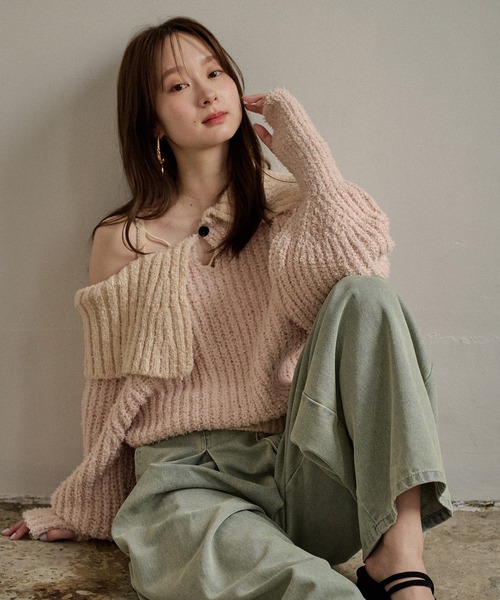 mideal(マイディール)の「bicolor one shoulder knit / バイカラーワンショルダーニット(ニット/セーター・レディース・ライトグリーン/ピンク/ブラウン・FREE)」の3枚目の写真
