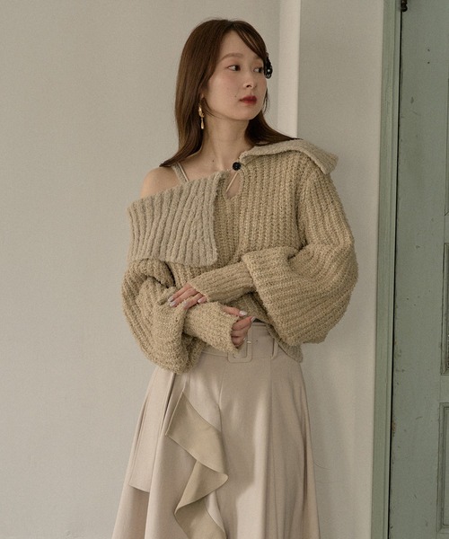 mideal(マイディール)の「bicolor one shoulder knit / バイカラーワンショルダーニット(ニット/セーター・レディース・ライトグリーン/ピンク/ブラウン・FREE)」の1枚目の写真