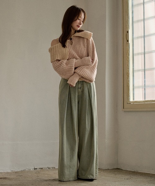 mideal(マイディール)の「bicolor one shoulder knit / バイカラーワンショルダーニット(ニット/セーター・レディース・ライトグリーン/ピンク/ブラウン・FREE)」の10枚目の写真