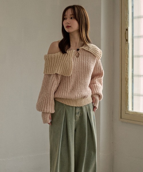 mideal(マイディール)の「bicolor one shoulder knit / バイカラーワンショルダーニット(ニット/セーター・レディース・ライトグリーン/ピンク/ブラウン・FREE)」の4枚目の写真