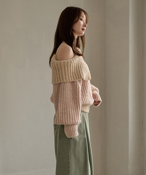 mideal(マイディール)の「bicolor one shoulder knit / バイカラーワンショルダーニット(ニット/セーター・レディース・ライトグリーン/ピンク/ブラウン・FREE)」の5枚目の写真