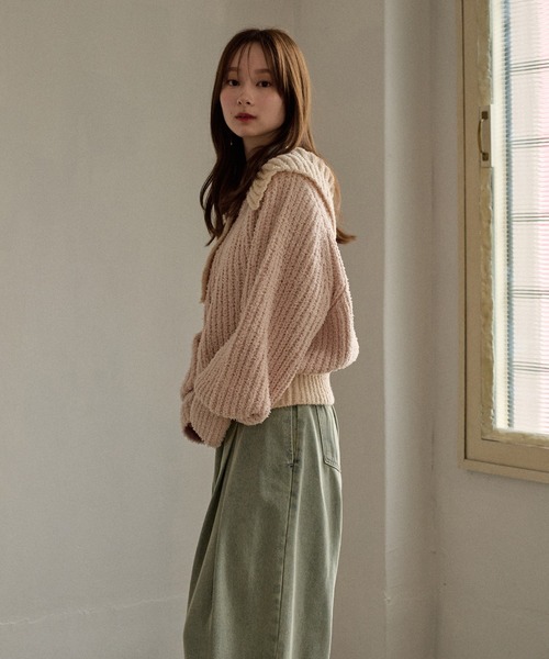 mideal(マイディール)の「bicolor one shoulder knit / バイカラーワンショルダーニット(ニット/セーター・レディース・ライトグリーン/ピンク/ブラウン・FREE)」の7枚目の写真