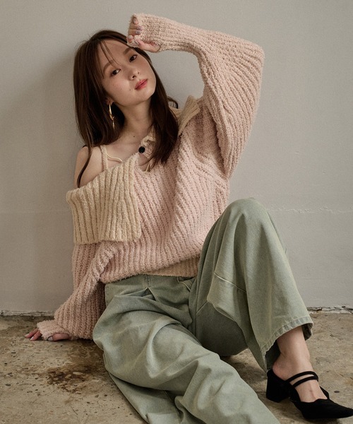 mideal(マイディール)の「bicolor one shoulder knit / バイカラーワンショルダーニット(ニット/セーター・レディース・ライトグリーン/ピンク/ブラウン・FREE)」の9枚目の写真