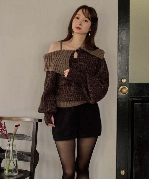 mideal(マイディール)の「bicolor one shoulder knit / バイカラーワンショルダーニット(ニット/セーター・レディース・ライトグリーン/ピンク/ブラウン・FREE)」の11枚目の写真