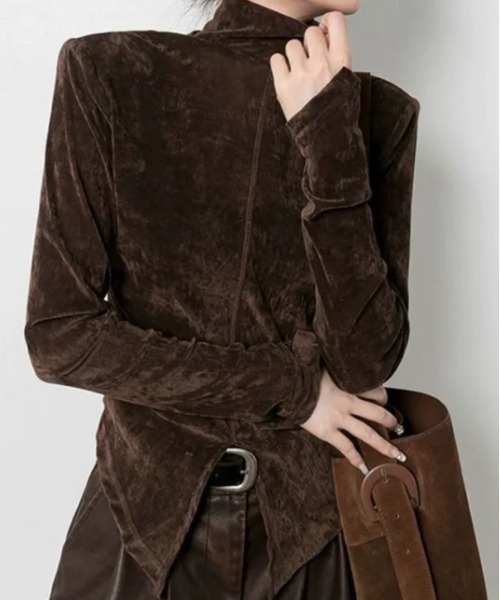 Teem Store(チームストア)の「クラッシュベロア アシメヘム ハイネックギャザートップス(Tシャツ/カットソー・レディース・ブラウン/ブラック・M)」の5枚目の写真