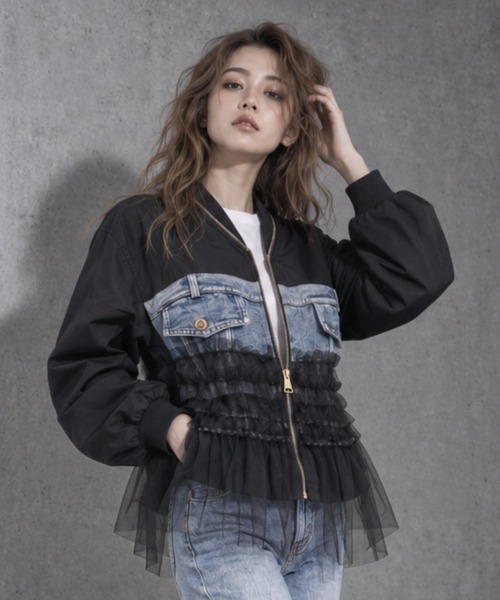 center i(センターアイ)の「チュールフリル デニムドッキングMA-1(MA-1・レディース・ブラック・FREE)」の3枚目の写真