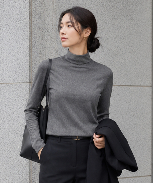 PEID(ペイド)の「PD ベーシック ハーフタートルネック スリムフィット 長袖Tシャツ 4カラー(Tシャツ/カットソー・レディース・ブラック/ホワイト/チャコールグレー/ブラウン・SMALL)」の6枚目の写真