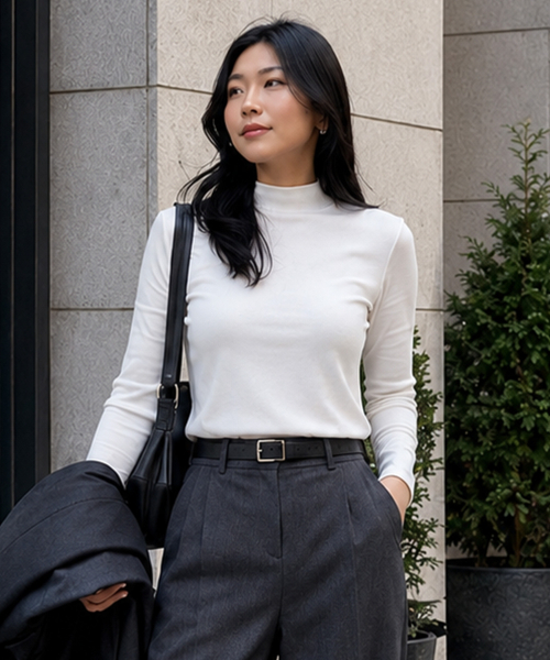 PEID(ペイド)の「PD ベーシック ハーフタートルネック スリムフィット 長袖Tシャツ 4カラー(Tシャツ/カットソー・レディース・ブラック/ホワイト/チャコールグレー/ブラウン・SMALL)」の7枚目の写真