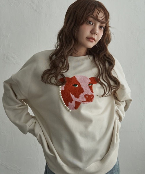 notch.(ノッチ)の「パールネックレス ウシ サガラ刺繍スウェット(スウェット・レディース・アイボリー/杢グレー/チャコール・M)」の2枚目の写真