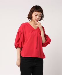 KOBE LETTUCE | [ギンガムチェック柄/ストライプ柄/無地]ボリュームスリーブVネックプルオーバーブラウス/レディーストップス[C3176]神戸レタス(シャツ/ブラウス)