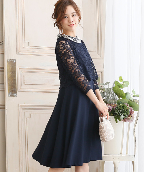 PourVous（プールヴー）の「結婚式 ワンピースドレス半端袖と ミニ丈 スカラップ レース 大きいサイズ フォーマル オケージョンドレス お呼ばれ 二次会 成人式 （ドレス・レディース・ネイビー/ブラック・L/M/S/XXL/XL）」の4枚目の写真