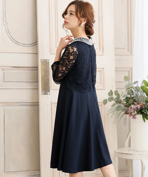 PourVous（プールヴー）の「結婚式 ワンピースドレス半端袖と ミニ丈 スカラップ レース 大きいサイズ フォーマル オケージョンドレス お呼ばれ 二次会 成人式 （ドレス・レディース・ネイビー/ブラック・L/M/S/XXL/XL）」の6枚目の写真