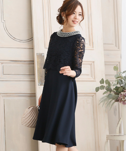 PourVous（プールヴー）の「結婚式 ワンピースドレス半端袖と ミニ丈 スカラップ レース 大きいサイズ フォーマル オケージョンドレス お呼ばれ 二次会 成人式 （ドレス・レディース・ネイビー/ブラック・L/M/S/XXL/XL）」の7枚目の写真