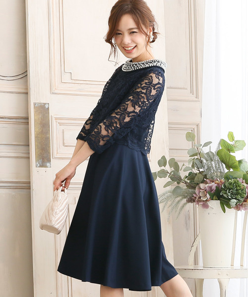 PourVous（プールヴー）の「結婚式 ワンピースドレス半端袖と ミニ丈 スカラップ レース 大きいサイズ フォーマル オケージョンドレス お呼ばれ 二次会 成人式 （ドレス・レディース・ネイビー/ブラック・L/M/S/XXL/XL）」の8枚目の写真