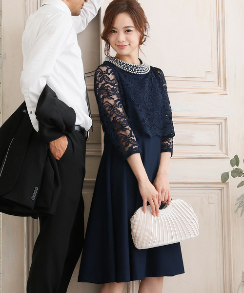 PourVous（プールヴー）の「結婚式 ワンピースドレス半端袖と ミニ丈 スカラップ レース 大きいサイズ フォーマル オケージョンドレス お呼ばれ 二次会 成人式 （ドレス・レディース・ネイビー/ブラック・L/M/S/XXL/XL）」の9枚目の写真
