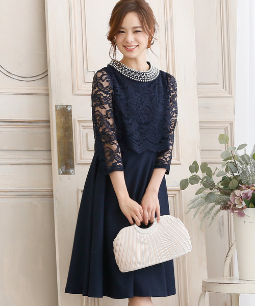 PourVous（プールヴー）の「結婚式 ワンピースドレス半端袖と ミニ丈 スカラップ レース 大きいサイズ フォーマル オケージョンドレス お呼ばれ 二次会 成人式 （ドレス・レディース・ネイビー/ブラック・L/M/S/XXL/XL）」の10枚目の写真