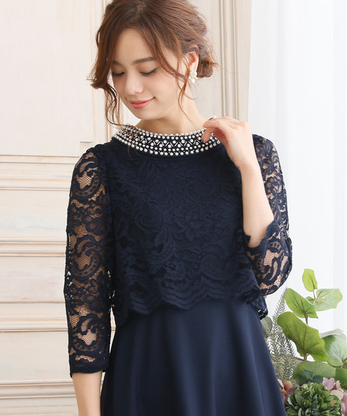 PourVous（プールヴー）の「結婚式 ワンピースドレス半端袖と ミニ丈 スカラップ レース 大きいサイズ フォーマル オケージョンドレス お呼ばれ 二次会 成人式 （ドレス・レディース・ネイビー/ブラック・L/M/S/XXL/XL）」の11枚目の写真