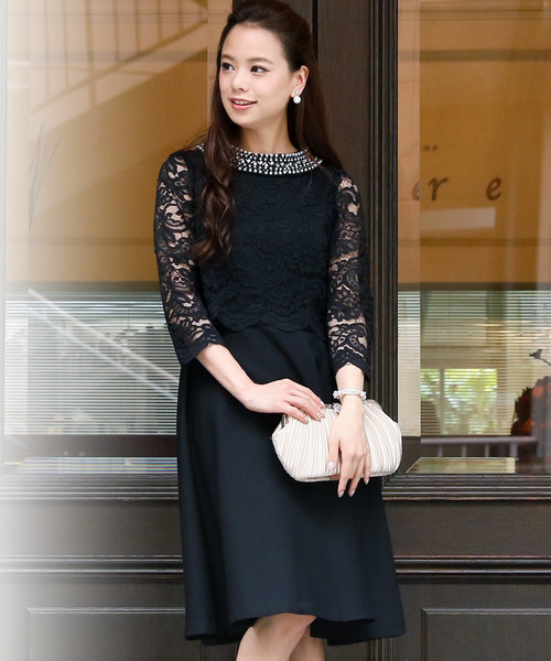 PourVous（プールヴー）の「結婚式 ワンピースドレス半端袖と ミニ丈 スカラップ レース 大きいサイズ フォーマル オケージョンドレス お呼ばれ 二次会 成人式 （ドレス・レディース・ネイビー/ブラック・L/M/S/XXL/XL）」の12枚目の写真
