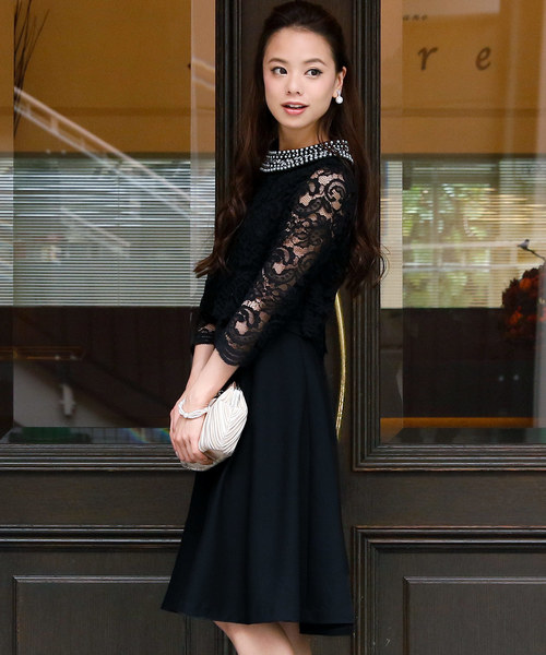 PourVous（プールヴー）の「結婚式 ワンピースドレス半端袖と ミニ丈 スカラップ レース 大きいサイズ フォーマル オケージョンドレス お呼ばれ 二次会 成人式 （ドレス・レディース・ネイビー/ブラック・L/M/S/XXL/XL）」の13枚目の写真