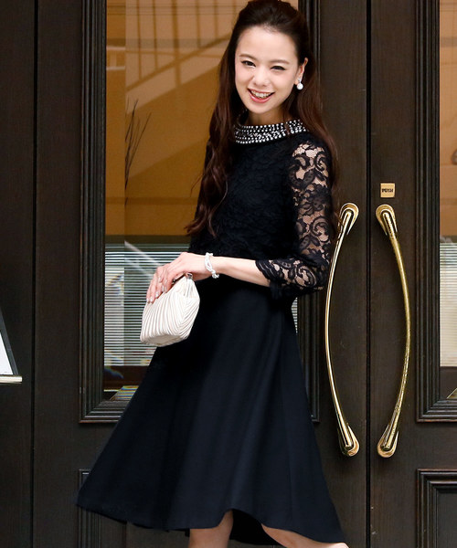 PourVous（プールヴー）の「結婚式 ワンピースドレス半端袖と ミニ丈 スカラップ レース 大きいサイズ フォーマル オケージョンドレス お呼ばれ 二次会 成人式 （ドレス・レディース・ネイビー/ブラック・L/M/S/XXL/XL）」の15枚目の写真