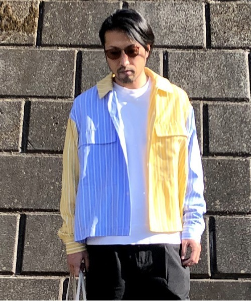 UP START（アップスタート）の「フラップポケットワイドシルエットストライプビッグシャツ（シャツ/ブラウス・メンズ・グレー系その他/イエロー系その他/オレンジ系その他・MEDIUM/LARGE）」の4枚目の写真