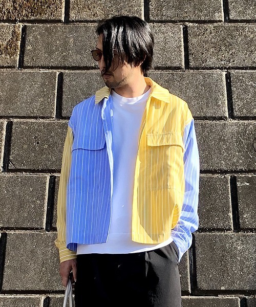 UP START（アップスタート）の「フラップポケットワイドシルエットストライプビッグシャツ（シャツ/ブラウス・メンズ・グレー系その他/イエロー系その他/オレンジ系その他・MEDIUM/LARGE）」の7枚目の写真