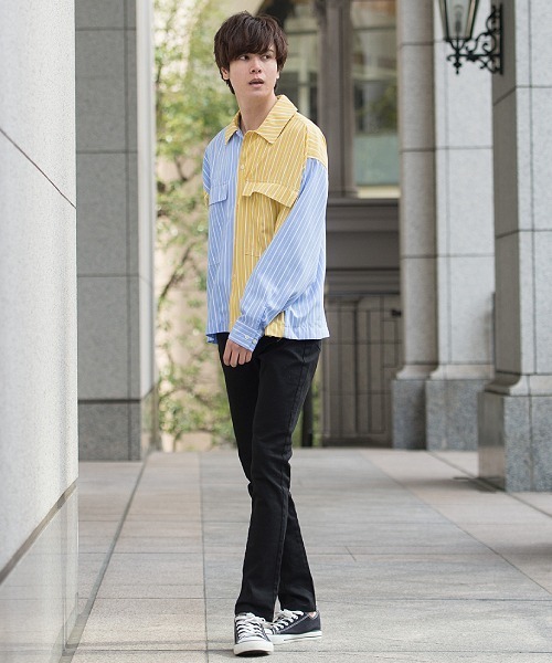 UP START（アップスタート）の「フラップポケットワイドシルエットストライプビッグシャツ（シャツ/ブラウス・メンズ・グレー系その他/イエロー系その他/オレンジ系その他・MEDIUM/LARGE）」の16枚目の写真