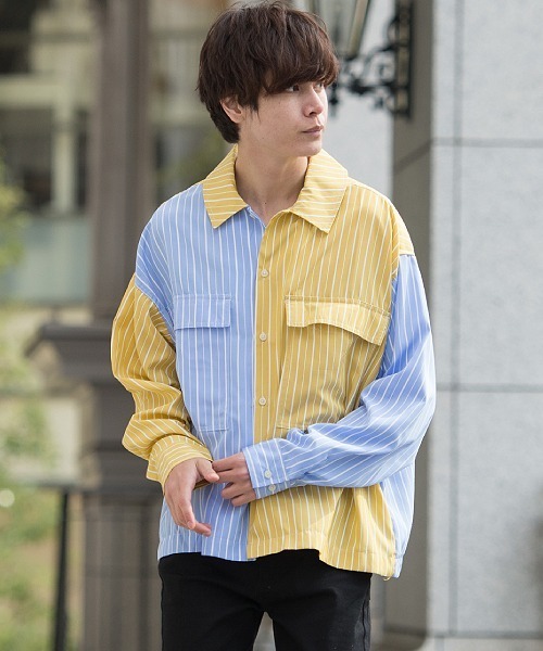 UP START（アップスタート）の「フラップポケットワイドシルエットストライプビッグシャツ（シャツ/ブラウス・メンズ・グレー系その他/イエロー系その他/オレンジ系その他・MEDIUM/LARGE）」の10枚目の写真