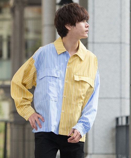 UP START（アップスタート）の「フラップポケットワイドシルエットストライプビッグシャツ（シャツ/ブラウス・メンズ・グレー系その他/イエロー系その他/オレンジ系その他・MEDIUM/LARGE）」の11枚目の写真