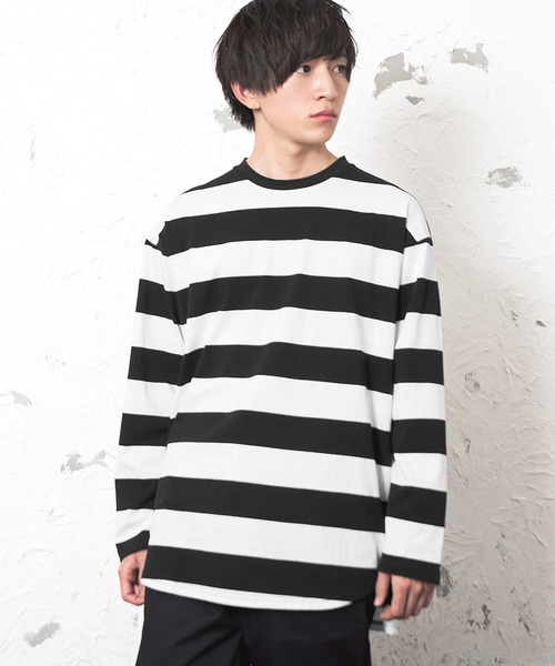 MinoriTY(マイノリティ)の「【2020秋冬】ボーダービッグシルエットロングTシャツ 長袖 ロンT/カットソー トップス(Tシャツ/カットソー・メンズ・ベージュ/ブラック/ネイビー・L/M)」の2枚目の写真