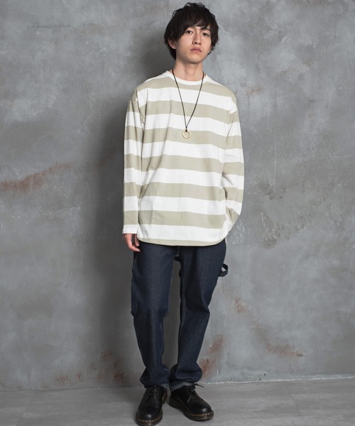 MinoriTY(マイノリティ)の「【2020秋冬】ボーダービッグシルエットロングTシャツ 長袖 ロンT/カットソー トップス(Tシャツ/カットソー・メンズ・ベージュ/ブラック/ネイビー・L/M)」の4枚目の写真