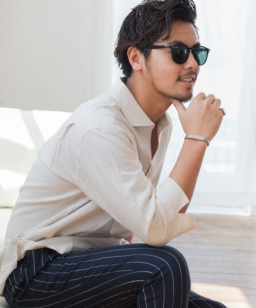 CavariA(キャバリア)の「『CavariA/キャバリア』綿麻ストライプカプリ7分袖シャツ(シャツ/ブラウス・メンズ・ブルー系その他/ホワイト系その他/ベージュ系その他/ピンク系その他/ロイヤルブルー/ホワイト/ブラック/グレー系その他/サックスブルー/ネイビー/カーキ・M/L/XL)」の18枚目の写真