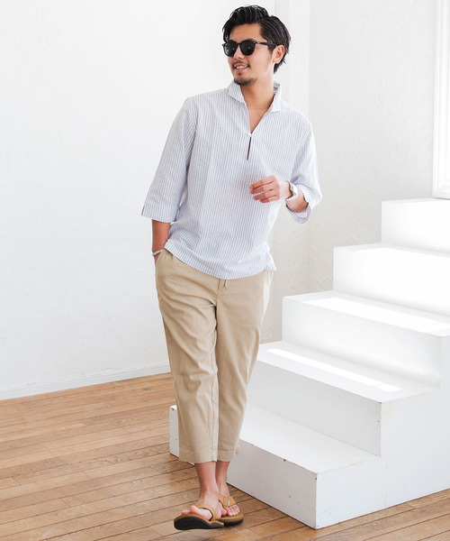 CavariA(キャバリア)の「『CavariA/キャバリア』綿麻ストライプカプリ7分袖シャツ(シャツ/ブラウス・メンズ・ブルー系その他/ホワイト系その他/ベージュ系その他/ピンク系その他/ロイヤルブルー/ホワイト/ブラック/グレー系その他/サックスブルー/ネイビー/カーキ・M/L/XL)」の16枚目の写真